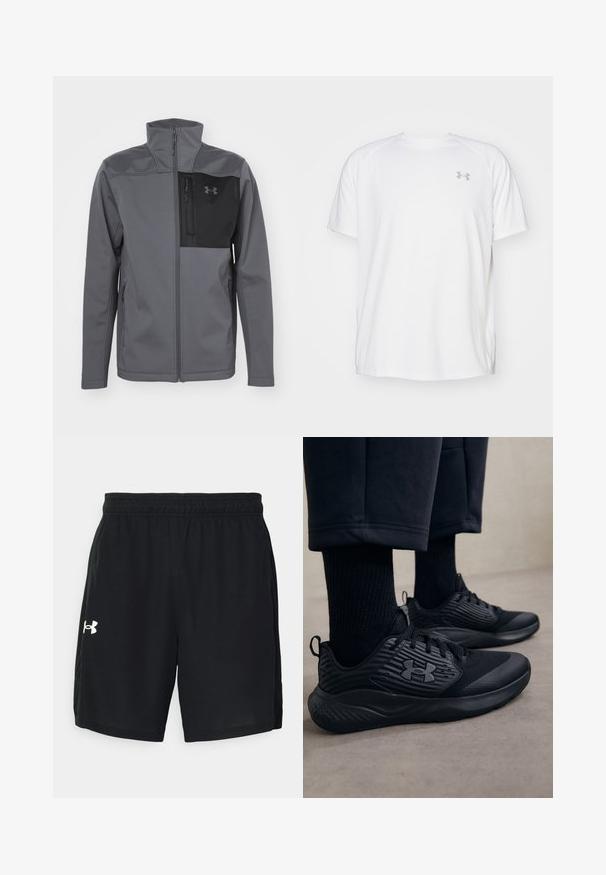 Under Armour SHIELD JACKET - Softshelljakke - castlerock/black; Hvit treningstopp med korte ermer laget av glatt stoff. Har rund hals og grått logo på venstre bryst, med sidesplitter i kanten.; Svarte sportslige shorts laget av lett materiale, med elastisk midjebånd og en hvit logo på venstre side.; Person som har på seg svarte treningssneakers med teksturerte sider og logo, kombinert med svarte sokker og cropped bukser på et lyst gulv.