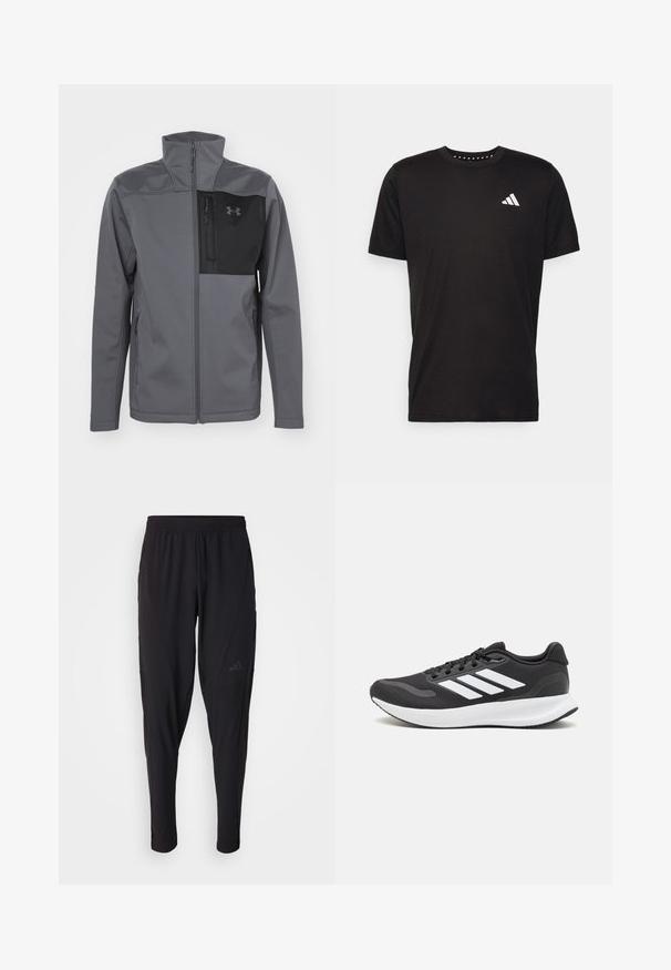 Under Armour SHIELD JACKET - Softshelljakke - castlerock/black; Svart bomulls t-skjorte med korte ermer, rund hals og en hvit logo på venstre bryst. Glatt tekstur og enkelt design.; Svarte treningsbukser med elastisk midje, smal design, sidelommer og subtil logo. Laget av fleksibelt, pustende stoff.; Svarte sportsko med pustende mesh-overdel, hvite detaljer og en polstret såle. Har tre striper-logo på siden.