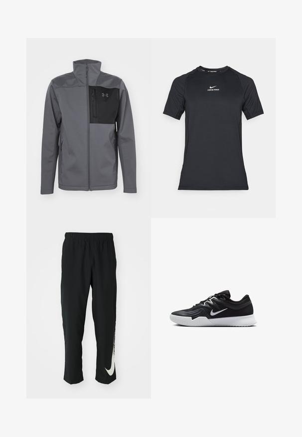 Under Armour SHIELD JACKET - Softshell-jope - castlerock/black; Must muster Nike Pro spordirõivas lühikeste varrukatega musta värvi, millel on valge Nike logo keskel rinnal.; Mustad mustad sportlikud püksid elastse vöökohtadega, kitseneva disainiga, millel on vasakul jalal suur valge Nike logo. Pehme, kerge kangas.; Must mustad jalanikesad rikaste ülaservaga, valge Nike swoosh'i ja valge kummist välispõhjaga. Omab paeltega sulgemisdetaili ja dünaamilist kuju.