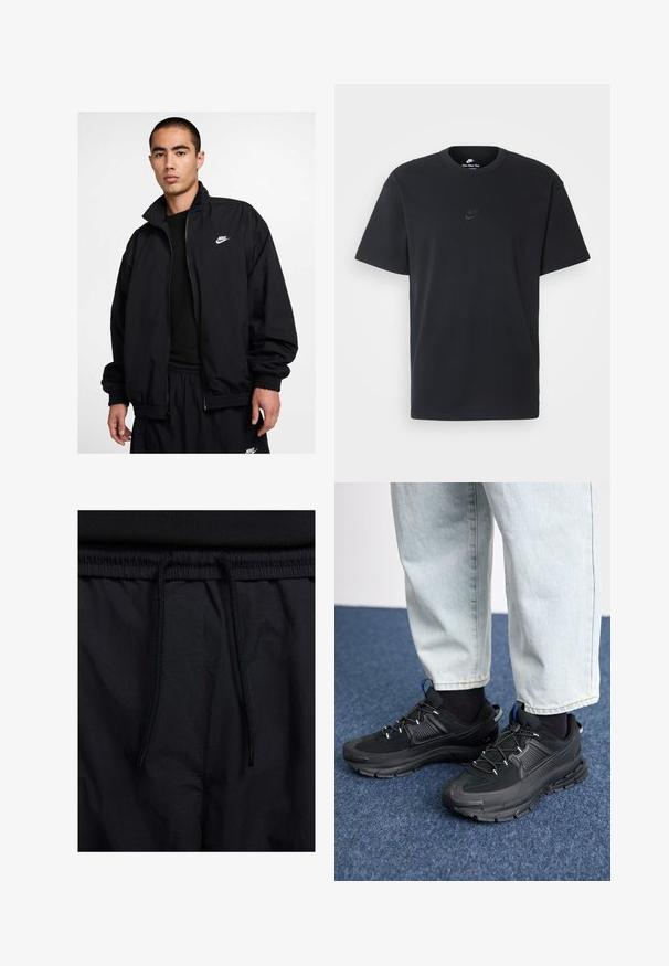 Casaco preto da Nike com gola alta, fecho de correr frontal, punhos elásticos e um pequeno logo branco no peito esquerdo; fabricado com material leve.; T-shirt de algodão preto da Nike com um clássico decote redondo, mangas curtas e um logótipo em relevo discreto no peito. Textura suave.; Calções pretos com um cós elástico ajustável, fabricados em tecido leve com uma textura suave e um design simples, sem logótipos ou padrões visíveis.; Sapatilhas desportivas pretas com tecido texturizado e solas em borracha, apresentando atacadores elásticos e um detalhe azul no calcanhar. Usadas com calças de ganga claras.