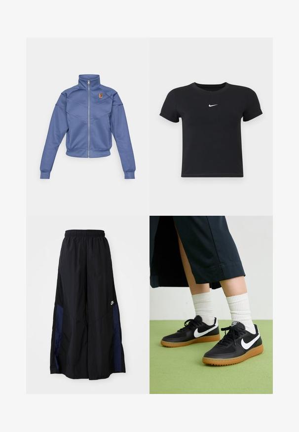 Blue zip-up jacket with a high collar, featuring a geometric design and a small logo on the left chest. Made from smooth fabric.; Black short-sleeve t-shirt made of cotton with a round neckline. Features a white Nike logo on the chest, minimalistic design, and fitted shape.; Black wide-leg pants made of lightweight fabric, featuring a navy blue side panel and an elastic waistband. Small white logo on bottom.; Black leather and synthetic sneakers with white Nike swoosh, rubber gum sole, round toe, and black laces. Ribbed white socks visible.