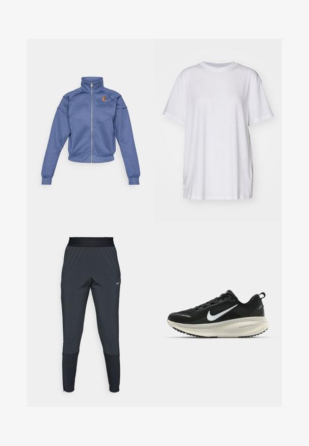 Blauwe zip-up jas met een hoge kraag, met een geometrisch ontwerp en een klein logo op de linkerborst. Gemaakt van een gladde stof.; Witte oversized t-shirt van katoen, met een ronde hals, korte mouwen en zijsplitten voor een ontspannen pasvorm. Soepele textuur.; Nike sportieve broek in donkergrijs, met een tapered leg ontwerp, elastische tailleband en accentdetails bij de boorden.; Zwarte Nike hardloopschoen met ademend mesh bovenwerk, witte swoosh-logo, gestructureerde details en een crèmekleurige ZoomX middenzool.