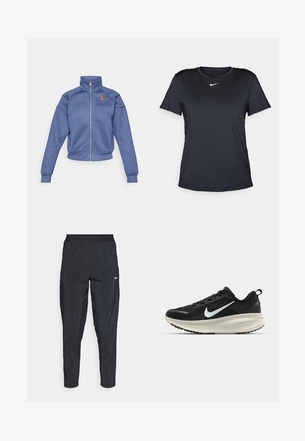 Jachetă albastră cu fermoar, cu guler înalt, având un design geometric și un logo mic pe pieptul stâng. Fabricată dintr-un material neted.; Tricou sport negru dintr-un material neted și ușor. Prezintă un guler rotund și mâneci scurte, cu un logo Nike alb pe piept.; Pantaloni sportivi negri cu talie elastică, picioare înguste și un mic logo alb pe coapsa stângă. Țesătură ușoară și netedă.; Pantofii de alergare negri de la Nike, cu parte superioară din plasă respirabilă, logo-ul alb Swoosh, detalii texturate și o talpă intermediară ZoomX de culoare crem.