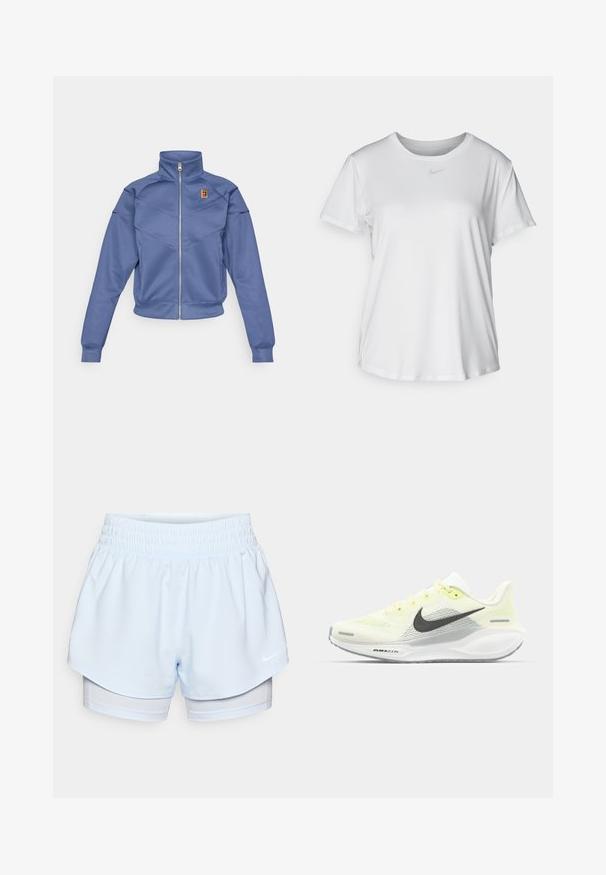Blaue Zip-Up-Jacke mit hohem Kragen, mit geometrischem Design und kleinem Logo auf der linken Brust. Hergestellt aus glattem Stoff.; Weißes T-Shirt mit kurzen Ärmeln aus glattem Stoff, Rundhalsausschnitt und einem kleinen grauen Nike-Logo auf der Brust.; Helle blaue Sportshorts mit elastischem Bund; die äußere Schicht ist kurz geschnitten, die innere Schicht sitzt eng und besteht aus atmungsaktivem Stoff.; Nike Laufschuhe mit einem hellgelben und weißen Mesh-Obermaterial, grauen Akzenten und einer flexiblen Gummisohle. Verfügt über einen Schnürverschluss.