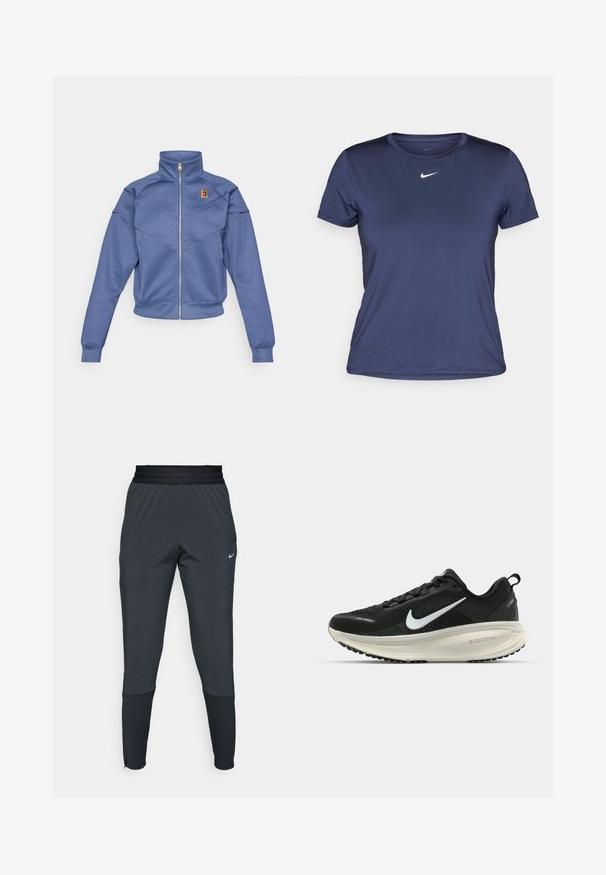 Blå glidelåsjakke med høy krage, med geometrisk design og en liten logo på venstre bryst. Laget av glatt stoff.; Mørkeblå kortermet trenings T-skjorte laget av glatt, lett stoff, med en liten hvit Nike-logo på brystet.; Nike treningsbukser i mørkegrå, med en tapered ben design, elastisk midjebånd og detaljert dekorasjon nær mansjettene.; Svart Nike løpesko med pustende mesh-overdel, hvit swoosh-logo, teksturert detaljer og en kremfarget ZoomX mellomsåle.