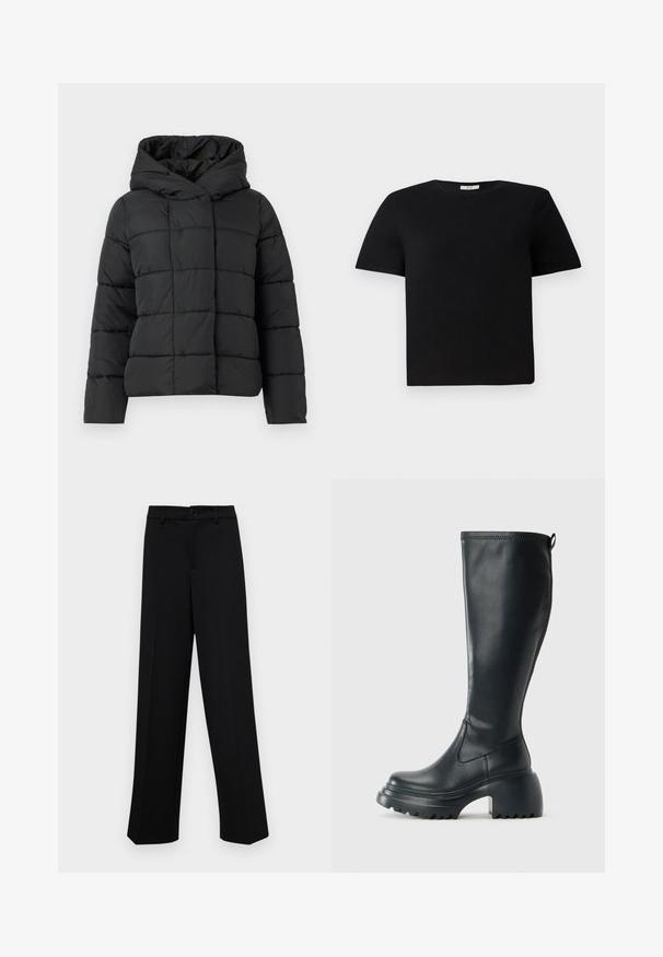 Casaco acolchoado preto com capuz, apresentando um design quilted, corte reto e textura suave. Fecho frontal sem zíper.; T-shirt preta, de mangas curtas, feita de algodão. Apresenta um decote redondo e um corte descontraído. Design simples, sem padrões ou detalhes.; Calças largas pretas, feitas de um tecido suave, com uma cintura clássica com fecho de botão e pregas frontais.; Bota preta de couro alta com sola de plataforma robusta e salto bloco, apresentando puxador e padrão texturizado na sola.