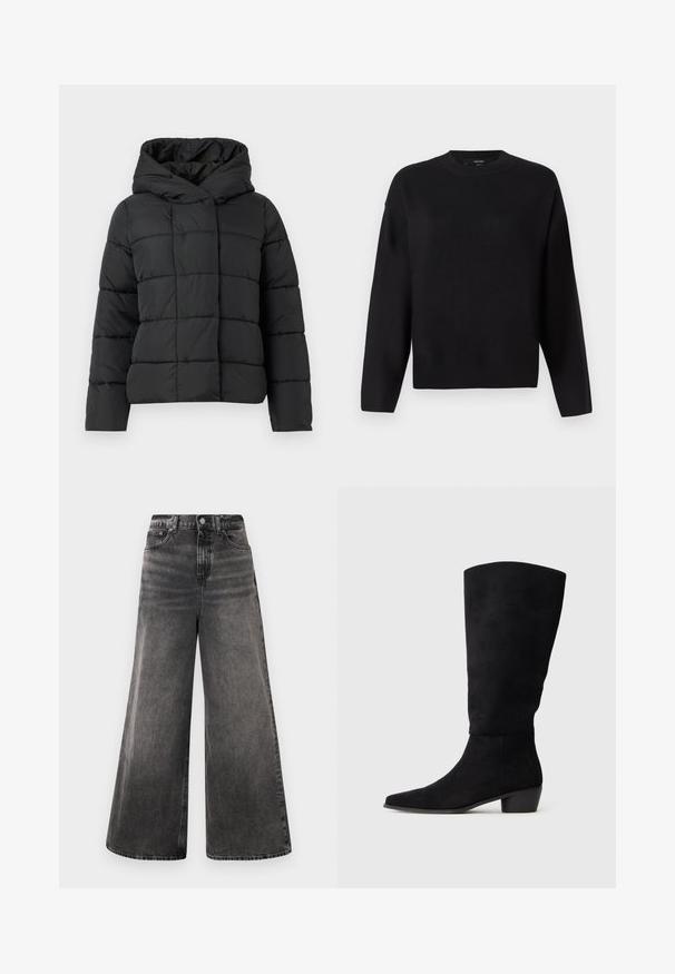 Melna pildīta jaka ar kapuci, ar quilted dizainu, taisnu piegriezumu un gludu tekstūru. Priekšpuses aizdare bez rāvējslēdzēja.; Melnā adīta džemperis ar apaļu kakla izgriezumu, kritušām plecu šuvēm un ribinātām piedurknēm. Gluda tekstūra un brīvs, kvadrātveida piegriezums.; Plati melni denima džinsi ar izbalējušu apdari, piecu kabatu dizains un pogu aizdare jostas vietā, ar izšūtiem akcentiem.; Melnas zamšādas ceļgalu augstas zābaki ar zemu blokveida papēdi un smailu purngalu, attēloti sānu skatījumā uz vienkārša gaiši pelēka fona.