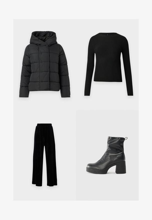 Svart polstret jakke med hette, med en kviltet design, rett snitt og glatt tekstur. Glideløs frontlukking.; Svart ribbestrikket langermet tettsittende genser med rund hals, vist mot en ensfarget lys bakgrunn.; Sorte vide bukser laget av myk vernet, med elastisk midjebånd og en jevn tekstur, uten synlige detaljer eller mønstre.; Svarte ankelstøvler laget av glatt lær, med glidelås på siden, chunky strukturert hæl, og rund tå-design.