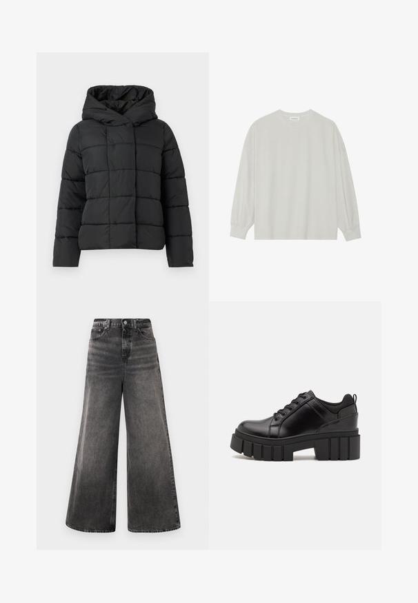 Svart vadderad jacka med huva, med en quiltad design, rak skärning och slät textur. Dragkedjelös framställning.; Ljusgrå långärmad t-shirt i mjuk bomull. Har en lös passform, rund halsringning och lätt rynkade ärmslut. Utan mönster eller grafik.; Breda svarta denimjeans med en urtvättad finish, femficksdesign och knappstängning vid midjan, med stickade detaljer.; Svarta läderplattformsskor med en kraftig blockklack, rund tå och traditionell snörningsdesign. Har en slät textur och minimal detaljering.