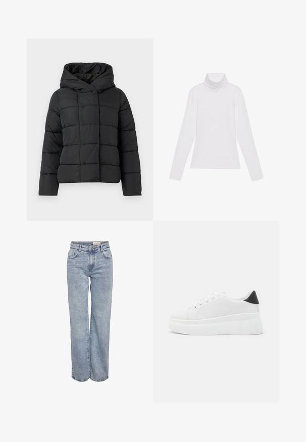 Svart vadderad jacka med huva, med en quiltad design, rak skärning och slät textur. Dragkedjelös framställning.; Vit långärmad polotröja gjord av ett smidigt, stretchigt material. Har en hög krage och åtsittande design, utan synliga mönster eller dekorationer.; Ljusblå vida jeans i denim med hög midja, femficksdesign och subtila blekningar för en använd look.; Vita plattformssneakers gjorda av slät syntetiskt material, med rund tå, snörningsdesign och en texturerad gummisula. Svart hälaccent.