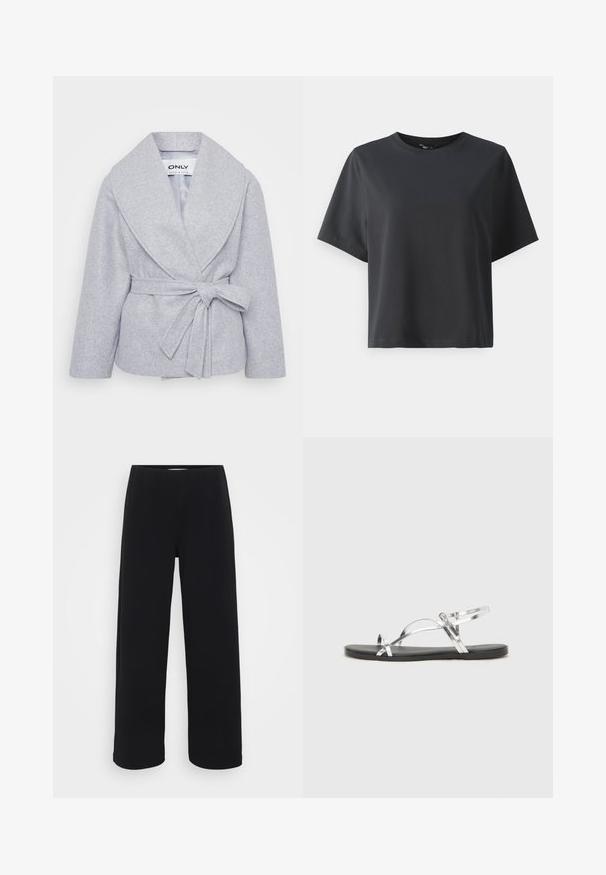 Grå omslagsjakke med bred krave og lange ermer, laget av mykt stoff. Har et belte i midjen og en glatt innerfôr.; Svart bomull T-skjorte, korte ermer, rund hals, avslappet passform, jevn tekstur, enkel design, ingen mønstre eller aksenter.; Svart bukser med vid benvidde og elastisk midjebånd. Laget av et strukturert materiale, med en løs passform og rett snitt fra hoftene til sømmen.; Sølvfargede metall sandaler med et minimalistisk design, som har tynne stropper og en sort flat såle. Fremhevingene inkluderer kryssremmer.