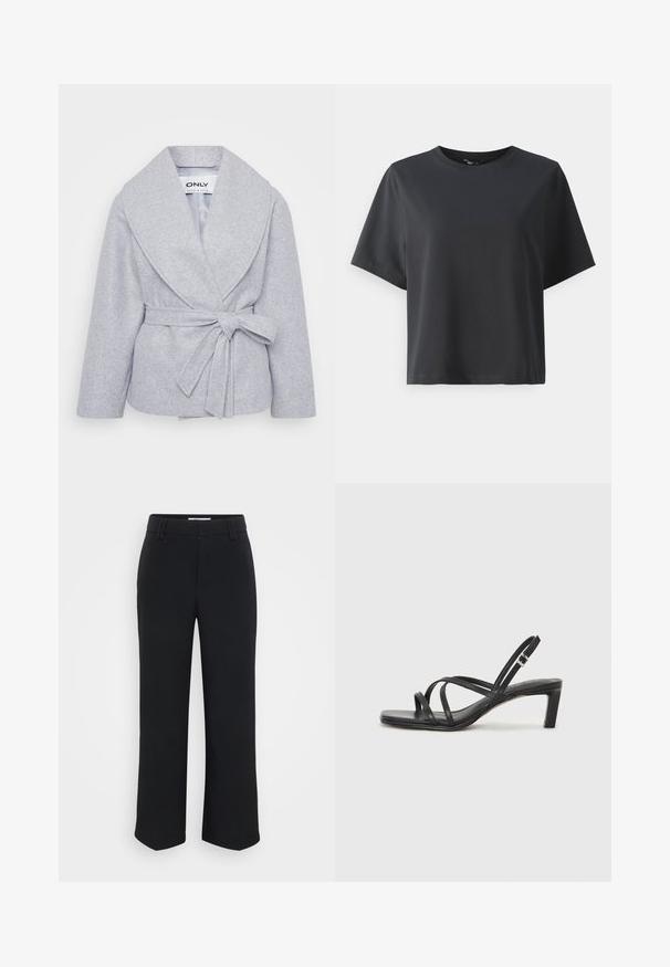 Grå omslagsjakke med bred krave og lange ermer, laget av mykt stoff. Har et belte i midjen og en glatt innerfôr.; Svart bomull T-skjorte, korte ermer, rund hals, avslappet passform, jevn tekstur, enkel design, ingen mønstre eller aksenter.; Sorte vide bukser med en glat tekstur, der har en flad talje og sidelommer, designet med en minimalistisk æstetik.; Sorte sandaler med stropper, firkantet tå og lav blokk hæl. Har flere tynne stropper og en justerbar ankelstropp. Laget av glatt lær.