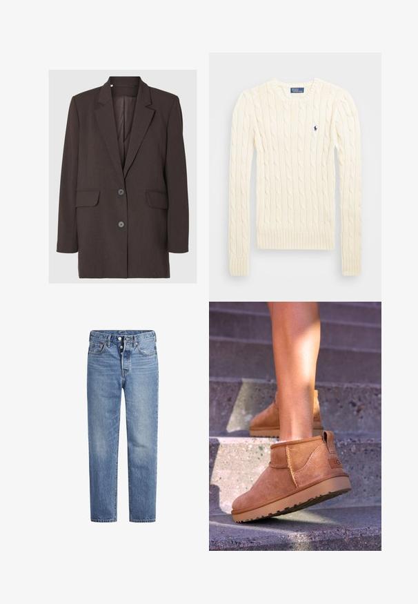 Selected Femme RELAXED FIT - Kort kappa / rock - coffee bean; Krämfärgad kabelstickad tröja med långa ärmar, ribbade cuffs och nederkant, med en liten broderad logotyp på vänster bröst.; Ljusblå denimjeans med rak skärning, femfickorsdesign och knäppning med knapp. Har subtila blekningar och orangea sömnadsdetaljer.; Tan mockasiner med en mjuk textur, sömnadsdetaljer och en gummisula, med en öglad häl för enkel påtagning.