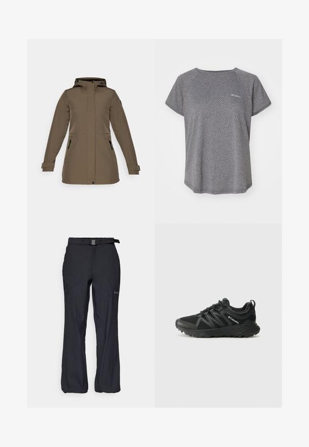 Bruine waterdichte jas met een capuchon, twee ritszakken aan de zijkant en verstelbare mouwen. Glad textuur en gestroomlijnd ontwerp.; Grijze T-shirt met korte mouwen, met een subtiel textuurpatroon, ronde halslijn en het Columbia-logo op de borst. Zacht materiaal, relaxte pasvorm.; Zwarte outdoorbroek van lichtgewicht stof, met een verstelbare tailleband met riem en twee voorzakken. Ontworpen voor comfort en functionaliteit.; Columbia PEAKFREAK - Outdoorschoenen - black