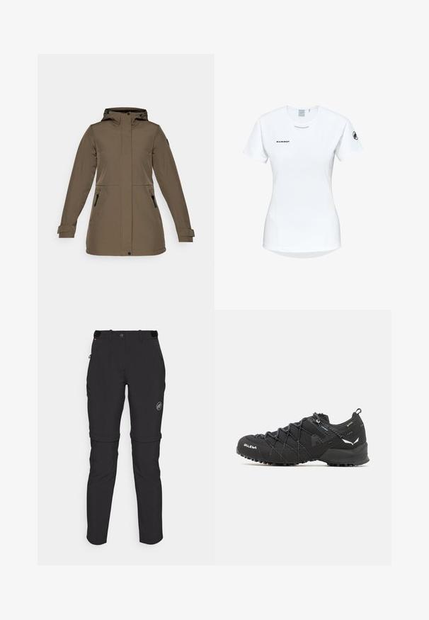 Braune wasserfeste Jacke mit Kapuze, zwei seitlichen Reißverschlusstaschen und verstellbaren Bündchen. Glatte Textur und elegantes Design.; Kurzärmliges weißes Sportshirt mit Rundhalsausschnitt, das ein Logo auf der Brust und eine glatte, leichte Stofftextur aufweist.; Mammut RUNBOLD ZIP OFF PANTS WOMEN - Outdoor-Hose - black; Schwarze Wanderschuhe mit einem strukturierten Obermaterial aus Stoff, Schnürsystem und robuster Gummisohle. Akzentuiert mit reflektierenden Details und Logos.