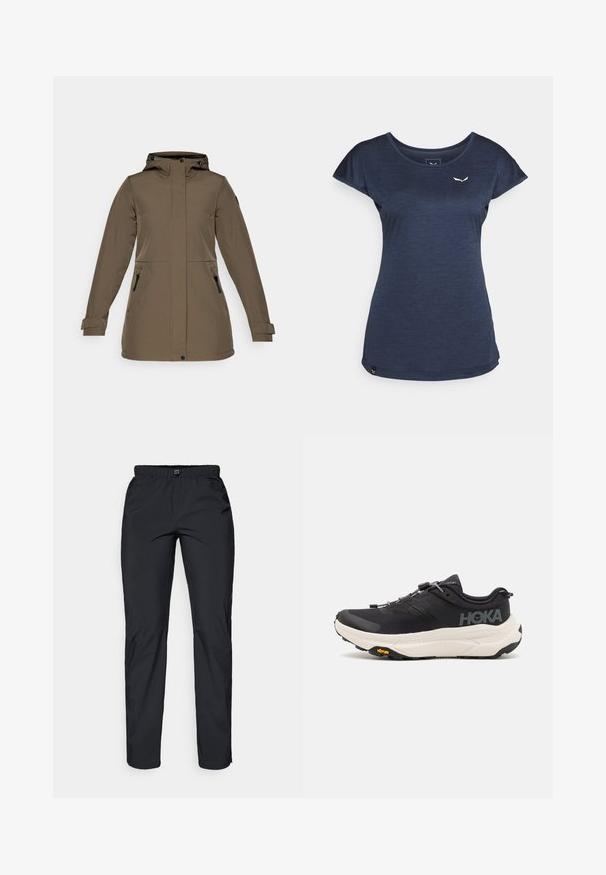 Veste imperméable marron avec capuche, deux poches latérales zippées et poignets ajustables. Texture lisse et design épuré.; Salewa PUEZ TEE - T-shirt de sport - navy blazer melange; Pantalons noirs, légers et résistants à l'eau avec une taille élastique et deux poches latérales ; texture lisse ; design à jambe droite.; Baskets de sport noires avec une tige en mesh respirant, une semelle en caoutchouc, un intermédiaire de coussin en blanc et des lacets réfléchissants. Logo Vibram sur la semelle.