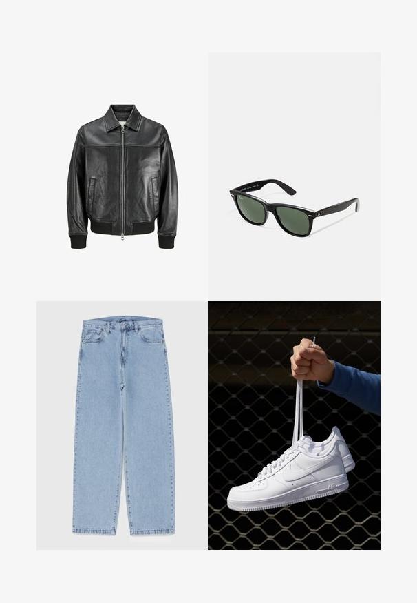 Schwarze Lederbomberjacke mit Frontreißverschluss, seitlichen Taschen, gerippten Bündchen und Saum sowie einem klassischen Kragen.; Weißes Baumwoll-Trägershirt mit Rundhalsausschnitt, breiten Trägern und geradem Saum, das eine glatte Textur aufweist und keine sichtbaren Muster hat.; Hellblaue Jeans aus Denim mit geradem Bein, ausgestattet mit einer mittelhohen Taille, fünf Taschen sowie einem Knopf- und Reißverschluss.; Weiße Leder-Sneaker mit Perforationen, runder Zehenpartie, flacher Sohle und dicken Schnürsenkeln, mit sichtbar eingesticktem Swoosh-Logo und "AIR" an der Ferse.; Schwarze Plastiksonnenbrille mit grünen Gläsern, quadratischen Rahmen, silbernem Akzent auf der Augenbraue und strukturierten Bügeln. Angegebene Marke auf dem inneren Bügel.