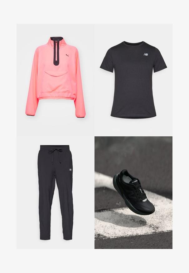 Růžový zkrácený pulovr s vysokým límcem a polo zipem, se přední kapsou a černými detaily na zipu a manžetách.; Černé tričko s krátkým rukávem vyrobené z měkké tkaniny, s malým šedým logem New Balance na levé horní části hrudi, klasický design s kulatým výstřihem.; Černé sportovní kalhoty vyrobené z lehkého materiálu s elastickým pasem a nastavitelným stahováním. Na boku se nachází malé logo.; Černá běžecká bota s texturovaným svrškem, elegantním designem a reflexními akcenty. Nabízí měkkou, polstrovanou podrážku pro pohodlí.