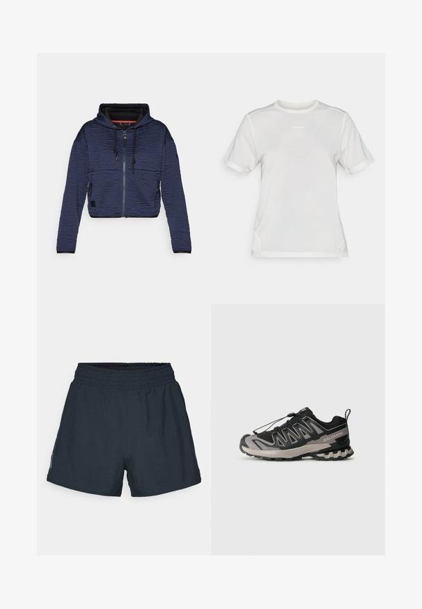 Námornícky modrá skrátená bunda s textúrovaným vlnitým vzorom, predným zipsom, kapucňou na sťahovanie a dvoma bočnými vreckami so zapínaním na zips.; Biela športová sieťovina s krátkym rukávom a okrúhlym výstrihom s malým logom "Salomon" umiestneným v strede hrudníka.; Tmavomodré športové šortky z ľahkého materiálu. Elastický pás, voľný strih a žiadne viditeľné vrecká alebo vzory.; Čierna a sivá atletická obuv s hornou časťou z mäkkého materiálu, gumovou podrážkou a elastickým šnúrkovým systémom. Obsahuje spevnenú špičku a textúrované akcenty.