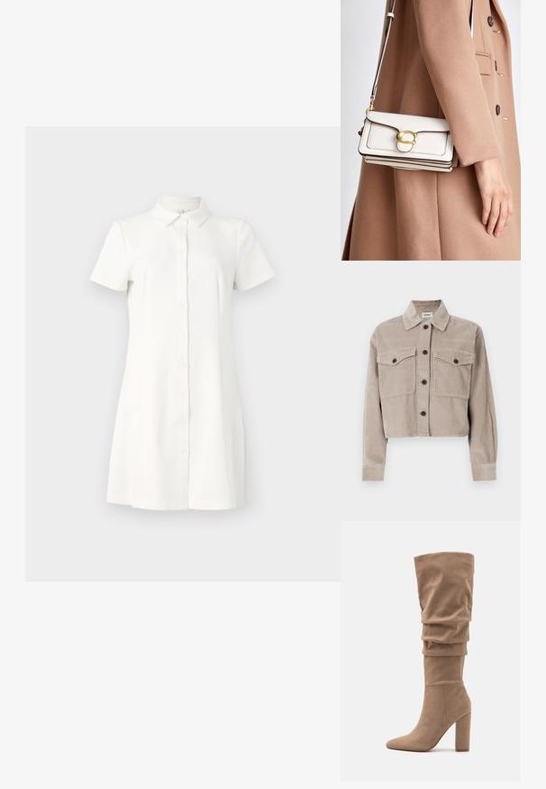 Rövidített kordbársony dzseki világos bézs színben, hegyes gallérral, két mellzsebbel és fekete gombokkal. Puha tapintású, bordázott mintázattal.; Rövid ujjú, gombos ruha fehér szövetből. Tálalással, bővített aljjal és két oldalsó zsebbel rendelkezik. Simaság jellemzi, klasszikus deisgn.; Anna Field Csizmák - beige; Fehér bőr korsóstás táska arany csattal, struktúrált kialakítással, kontrasztos élekkel és vékony, állítható pánttal.