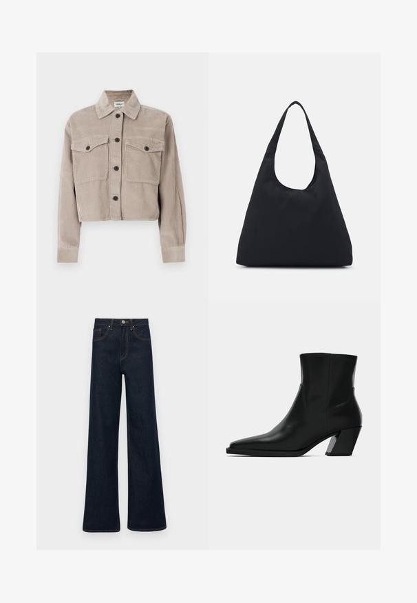 Giacca di corduroy tagliata in beige chiaro con colletto a punta, due tasche sul petto e bottoni neri. Texture morbida con motivo a coste.; Maglione bianco a collo alto con lavorazione a trecce, caratterizzato da una silhouette cropped e bordi a coste. Texture morbida con un design accogliente e voluminoso.; Jeans in denim blu scuro a gamba larga con tasche frontali, passanti per cintura e chiusura con bottone.; Stivale in pelle nera alla caviglia con punta affilata, una silhouette slanciata e un tacco quadrato massiccio. Texture liscia con dettagli di cucitura minimi.; Borsa di tessuto nera con un'unica tracolla larga. Forma morbida e semi-strutturata, con una texture liscia; design minimale, senza hardware visibile.