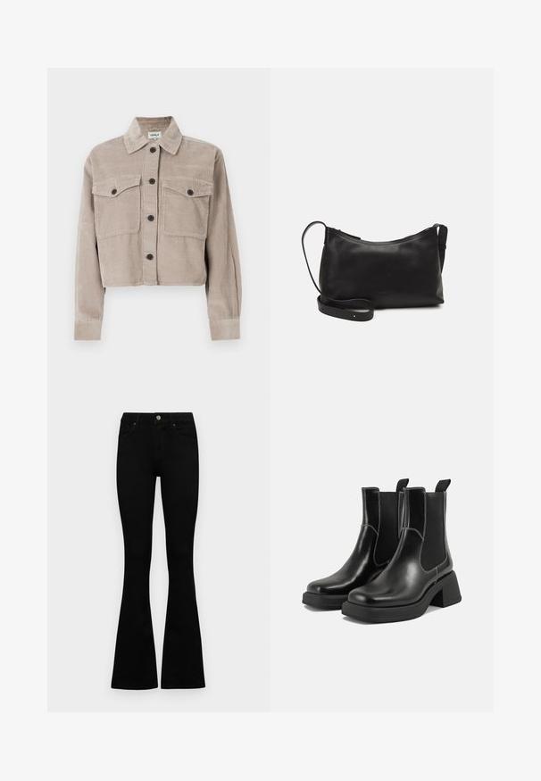 Giacca di corduroy tagliata in beige chiaro con colletto a punta, due tasche sul petto e bottoni neri. Texture morbida con motivo a coste.; Maglione fitted a maniche lunghe nero a costine con scollo rotondo, esposto su uno sfondo chiaro e semplice.; Jeans neri a vita alta con chiusura a bottoni e zip, tasche frontali e gambali svasati, distesi su uno sfondo bianco.; Stivali Chelsea in pelle nera con tacco spesso, pannelli elasticizzati sui lati e cuciture bianche a contrasto. Finitura testurizzata.; Borsa a spalla in pelle nera con una texture liscia, forma curva, tracolla regolabile e chiusura con zip. Design minimalista senza ornamenti.