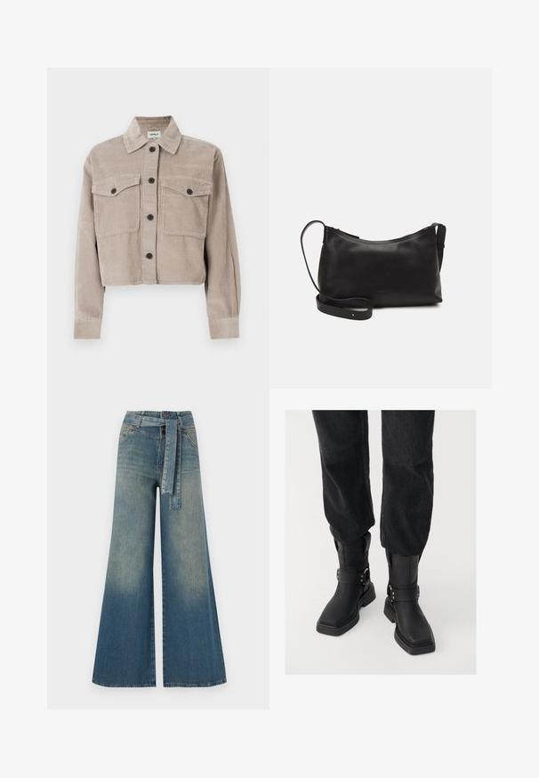 Lyhennetty corduroy-takki vaaleanbeigellä sävyllä, jossa on terävä kaulus, kaksi rintataskua ja mustat napit. Pehmeä rakenne ja uritettu kuvio.; Kerman lyhyet hiharat neulepaita, joka on valmistettu pehmeästä neulemateriaalista. Siinä on pyöreä kaula-aukko, puffatut olkapäät sekä ribbireunat alaosassa ja hihansuissa.; Yksiväriset farkut leveällä lahkeella, joissa on vaaleasta tummansiniseen häipyvä väri, korkea vyötärö, vyölenkit ja yhteensopiva kangasvyö. Rakennefarkkujen pinta.; Mustat nahkasaappaat nilkkamittaisilla neliön muotoisilla varpailla, joissa on leveä hihna ja metallinen solkiyksityiskohta. Saappaat ovat paksupohjaiset ja niiden pinta on sileä.; Musta nahkainen olkalaukku, jossa on sileä pinta, kaareva muoto, säädettävä hihna ja vetoketjukiinnitys. Minimalistinen muotoilu ilman koristeita.