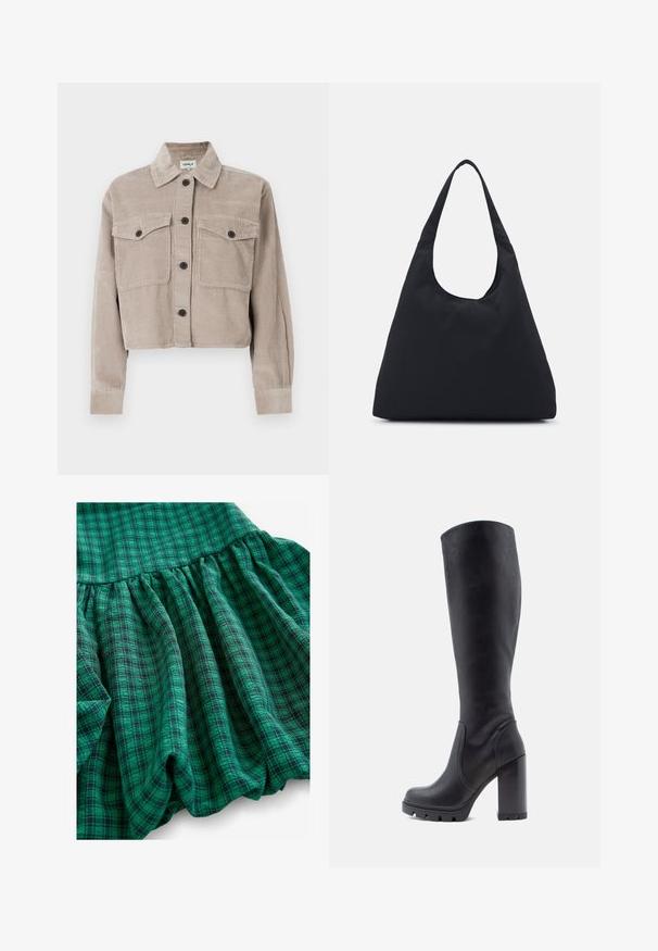 Beskarvad kordjacka i ljusbeige med spetsig krage, två bröstfickor och svarta knappar. Mjuk textur med ribbat mönster.; New Look Blus - black; Grön rutigt tyg med varierande nyanser, samlad textur och volangkant. Materialet ser ut att vara andningsbart och lätt.; Svart knäghöga stövel, slät lädermaterial, kraftig klack, rund tå, texturerad sula med grepp, stilren design utan utsmyckningar.; Svart tygväska med en enda, bred axelrem. Mjuk, semi-strukturerad form och slät textur; minimal design utan synlig hårdvara.