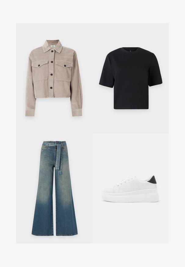 Kort corduroyjack in lichtbeige met een spitse kraag, twee borstzakken en zwarte knopen. Zachte textuur met ribpatroon.; Zwart kortetermijn T-shirt, ronde halslijn, gemaakt van gladde katoenstof; losse pasvorm, minimalistisch ontwerp, geen zichtbare patronen of accenten.; Wijduitlopende denim broek met een lichte naar donkere blauwe gradient, hoge taille, riemlussen en een bijpassende stoffen riem. Gestructureerde denimafwerking.; Witte platform sneakers van glad synthetisch materiaal, met een afgeronde neus, vetersluiting en een gestructureerde rubberen zool. Zwarte hielaccent.