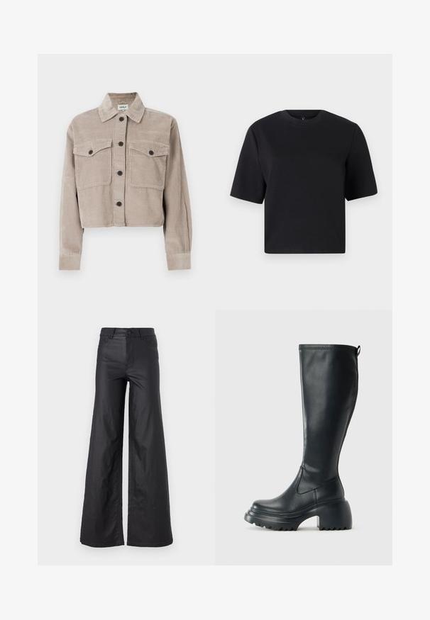 Skórzana kurtka w jasnym beżu, skrócona, z wystającym kołnierzem, dwiema kieszeniami na piersi i czarnymi guzikami. Miękka tekstura z żeberkowym wzorem.; Czarny t-shirt z krótkim rękawem, okrągły dekolt, wykonany z gładkiej bawełnianej tkaniny; luźny krój, minimalistyczny design, bez widocznych wzorów czy akcentów.; Czarne, szerokie spodnie z materiału przypominającego skórę. Posiadają wysoki stan, szlufki na pasek, dwie przednie kieszenie oraz przeszycia.; Wysokie czarne skórzane botki z masywną platformą i słupkowym obcasem, z uchwytem i teksturowanym bieżnikiem na podeszwie.