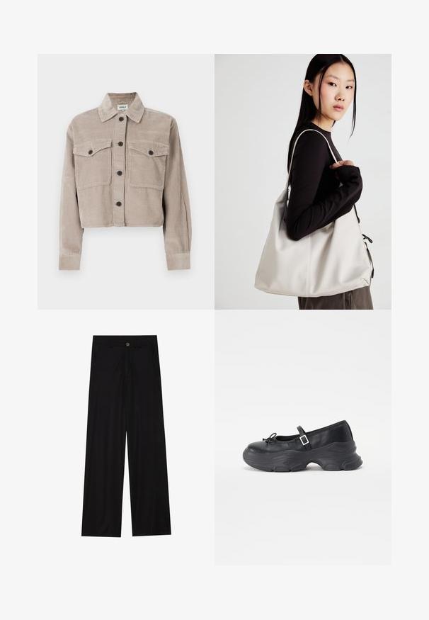 Kort corduroyjack in lichtbeige met een spitse kraag, twee borstzakken en zwarte knopen. Zachte textuur met ribpatroon.; Set van twee longsleeve tops in wit en zwart. Geribbelde textuur, ronde hals, aansluitend ontwerp met licht uitlopende mouwen.; Zwarte wijde broek van een gladde stof, met zijzakken en een knoopsluiting bij de taille. Minimalistisch ontwerp zonder patronen.; Zwarte leren Mary Jane-schoen met een ronde neus, strikdetails en een verstelbare enkelband. Beschikt over een chunky rubberen zool met gebogen accenten.; Beige handtas gemaakt van zacht materiaal, met een slonzig ontwerp, gestikte details en twee schouderbanden. Geschikt voor dagelijks gebruik.