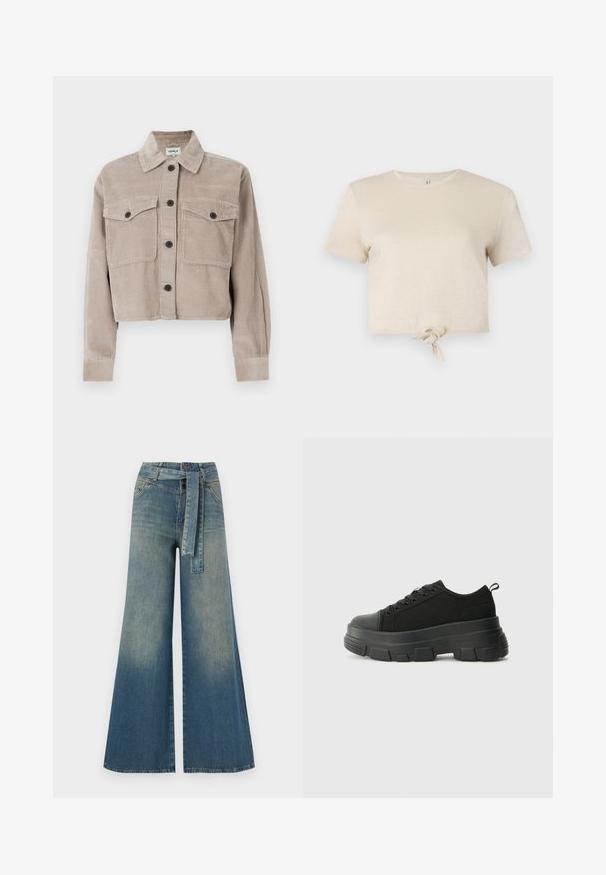 Giacca di corduroy tagliata in beige chiaro con colletto a punta, due tasche sul petto e bottoni neri. Texture morbida con motivo a coste.; T-shirt beige cropped realizzato in tessuto scintillante con maniche corte e dettaglio annodato all'orlo. Texture liscia e scollatura rotonda.; Pantaloni in denim a gamba larga con una sfumatura che va dal blu chiaro al blu scuro, vita alta, passanti per cintura e una cintura in tessuto coordinato. Finitura in denim strutturato.; Sneaker nere con suola in gomma spessa, superiore in tessuto testurizzato, punta rotonda e design con lacci. Presenta occhielli rinforzati e linguetta sul retro.