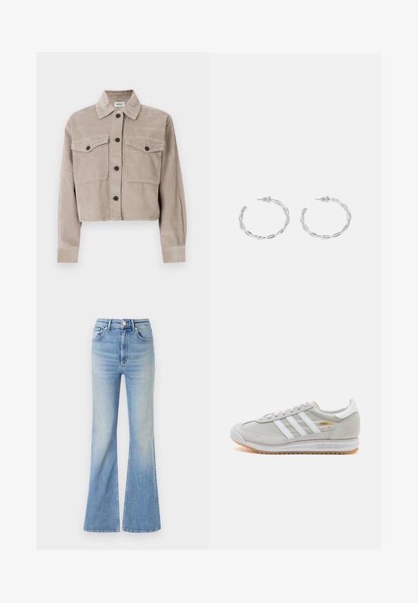 Veste en velours côtelé coupée en beige clair avec un col pointu, deux poches poitrine et des boutons noirs. Texture douce avec un motif à côtes.; Débardeur blanc sans manches en tissu côtelé, doté d'un col rond et d'une silhouette ajustée, avec des coutures minimales et sans ornements.; Jean évasé bleu clair en denim, doté d'une taille haute, d'un design à cinq poches et d'un dégradé subtil vers l'ourlet.; Basket en cuir suédé et mesh gris clair, avec trois bandes blanches, bout rond et semelle en caoutchouc naturel. Accent logo doré près des lacets.; Boucles d'oreilles en argent en forme de créoles avec un design torsadé, dotées d'une finition polie et d'une fermeture à poussoir. Mesurent environ 3 cm de diamètre.