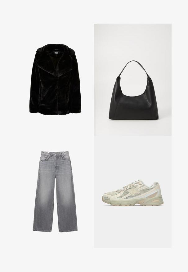 Sort faux fur jakke med bred krave, lange ærmer og en afslappet pasform. Den glatte tekstur og de klare linjer skaber en moderne silhuet.; Grå strikket crewneck sweater med lange ærmer og ribstrikkede manchetter og kant, lagt fladt på en hvid baggrund.; Grå denim bredbenede jeans med høj talje, fem lommer, falmet finish og kontrastsyninger. Har en knapåbning og bæltetaber.; Lettsko med mesh-overdel i beige og creme, med et fremtrædende "N" logo, polstret sål og teksturerede detaljer.; Sort læderhåndtaske med en scoop-håndtag, en glat tekstur og et minimalistisk design. Har vinkelformede sider og en bred åbning.