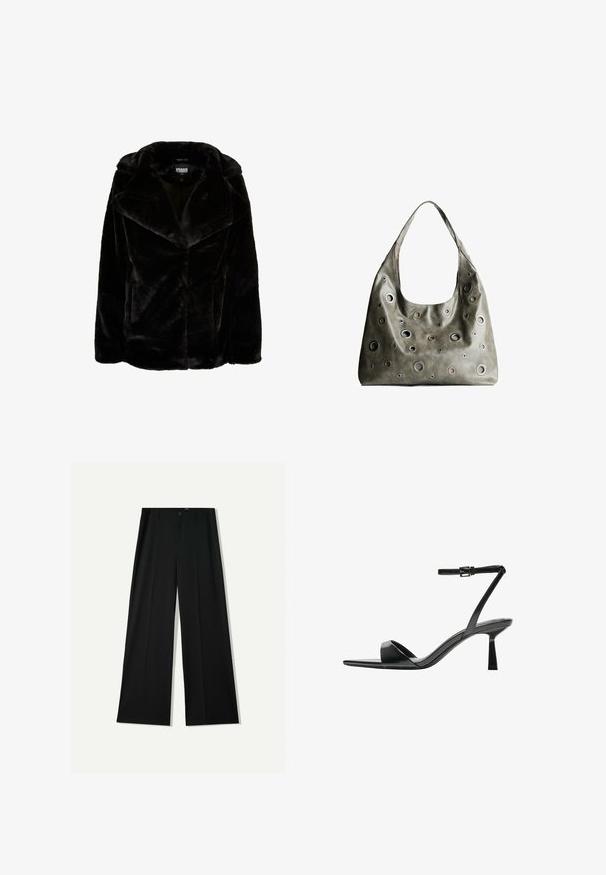 Sort faux fur jakke med bred krave, lange ærmer og en afslappet pasform. Den glatte tekstur og de klare linjer skaber en moderne silhuet.; Sort langærmet cropped top med rund halsudskæring, ensfarvet design og let buet kant.; Bershka WIDE - Bukser - black; Bershka Højhælede sandaletter / Højhælede sandaler - black; Oliven grøn læderhåndtaske med et slouchy design, der har forskellige størrelser af cirkulære udskæringer og accenter i mørkere og lysere nuancer.