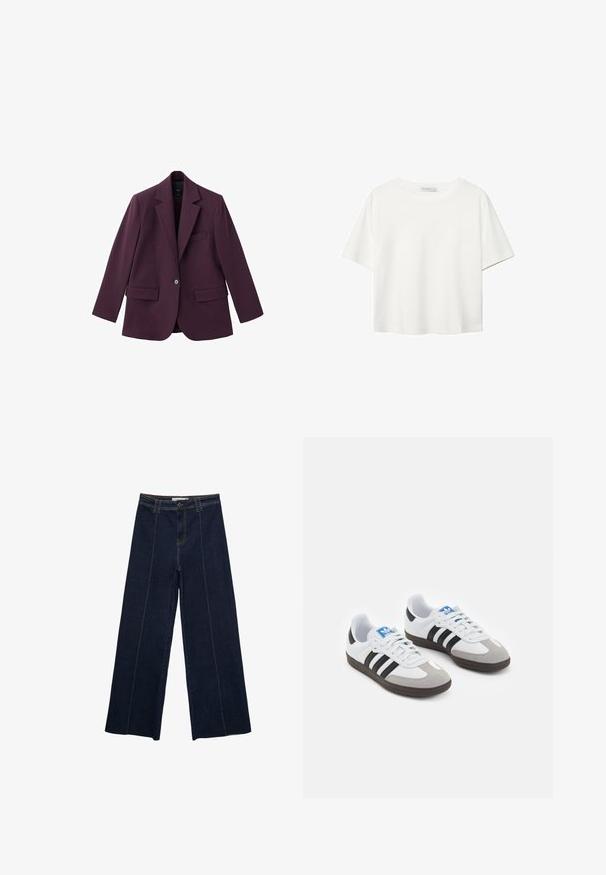 Fioletowy żakiet wykonany z gładkiego materiału, z klapami w języku, pojedynczym zapięciem na guzik oraz dwoma przednimi kieszeniami. Dopasowany krój.; Biała koszulka z krótkim rękawem, wykonana z bawełny. Posiada okrągły dekolt i luźny krój. Gładka faktura bez widocznych wzorów czy akcentów.; Szerokie spodnie z ciemnego denimu z kontrastowym przeszyciem, wysoki stan i prosty krój. Posiadają kieszenie z przodu oraz klasyczne zapięcie na guzik.; Buty sportowe z białą skórzaną cholewką, szarym zamszowym noskiem i trzema czarnymi paskami. Posiadają niebieskie logo na języku oraz teksturowaną gumową podeszwę.
