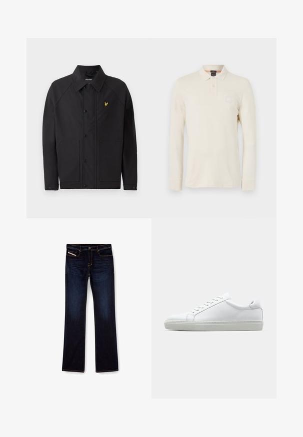 Giacca nera con colletto strutturato, due tasche frontali e un piccolo logo di un'aquila gialla. Realizzata in un tessuto leggero e liscio.; Polo a maniche lunghe di colore beige chiaro, realizzato in tessuto morbido, con colletto polo, pattina con due bottoni e una piccola patch con logo sul petto.; Jeans in denim blu scuro con taglio dritto, caratterizzati da cuciture arancioni, chiusura con zip e tasche frontali. Texture liscia e vita standard.; Sneaker bianco con tomaia in pelle liscia e profilo basso. Presenta una punta arrotondata, sei occhielli e una suola in gomma testurizzata.