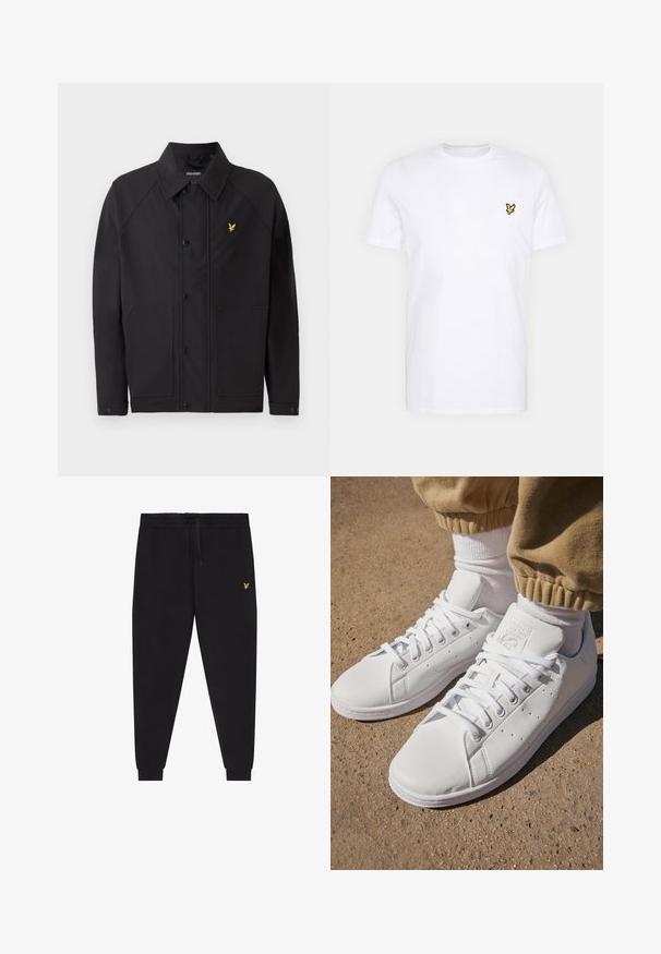 Musta takki, jossa on rakenteellinen kaulus, kaksi etutaskua ja pieni keltainen kotka-logo. Valmistettu liukkaasta, kevyestä kankaasta.; Valkoinen puuvillapaita, jossa on pieni musta ja keltainen brodeerattu logo vasemmassa rintapielessä. Lyhyet hihat ja pyöreä kaula-aukko.; Musta lenkkihousut, joissa on joustava vyötärönauha ja kiristysnauha, kapeutetut lahkeet kalvosimilla sekä pieni keltainen kirjailtu logo oikeassa reidessä.; Valkoiset nahkakengät, joissa on sileä pinta, klassinen nauhakiinnitys, reikärakenteet hengittävyyden parantamiseksi ja karkea kumipohja.