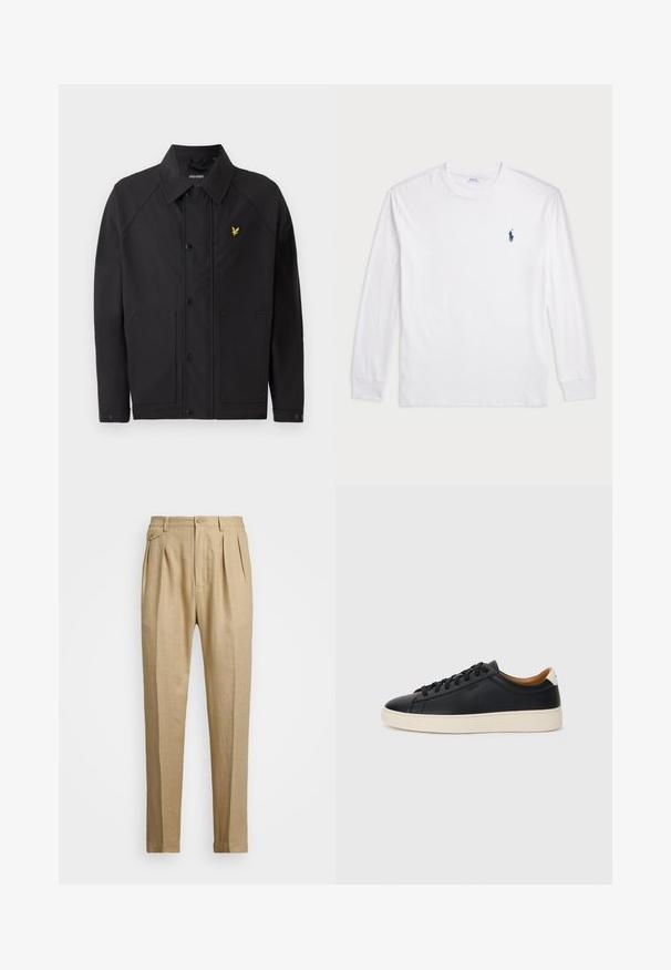 Svart jakke med en strukturert krage, to frontlommer og en liten gul ørn-logo. Laget av glatt, lett stoff.; Hvit langermet T-skjorte laget av bomull. Har rund hals, ribbestrikkede mansjetter, og en liten marineblå polo-logo på venstre bryst.; Beige linbukser med rett snitt, med to frontfold, knappeåpning og sidelommer. Teksturt stoff med en glatt finish.; Sorte skinnesneakers med en jevn tekstur, beige gummisåle, lisser og en kontrasterende hæl aksent.