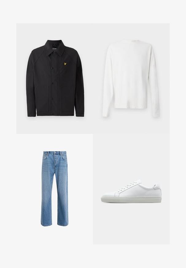 Svart jacka med en strukturerad krage, två framfickor och en liten gul örnlogo. Tillverkad av ett mjukt, lätt tyg.; Vit långärmad skjorta i bomull med rund halsringning, sidofickor längst ner och en slät yta, visad bakifrån.; Ljust blå denimjeans med rak passform, fem fickor, knappstängning, minimal blekning och kontrasterande sömdetaljer.; Vit sneaker med en slät läderövre och låg profil. Har en rundad tå, sex snörhål och en strukturerad gummisula.