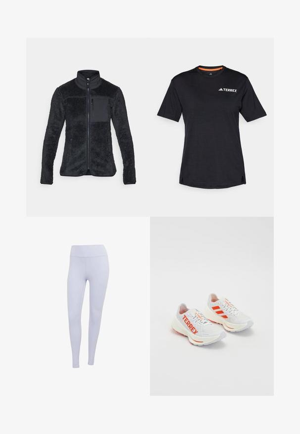 Pletena jakna v temno sivi barvi z visokim ovratnikom, zadrgo spredaj in stranskimi žepi. Ima mehak, teksturiran površin in kontrastni žep na prsih.; Črna kratkosleča majica s krocnim ovratnikom, ki ima subtilno heather teksturo in belo "TERREX" logo na zgornji levi strani.; Svetlo vijolične legice iz raztegljive tkanine. Visok pas z gladko teksturo in brez vidnih šivov ali vzorcev.; Bela tekaška obutev z oranžnimi poudarki. Mrežast material, zaobljen toe in debela srednja podplata. "TERREX" natisnjen na bočni strani in tri črte na peti.