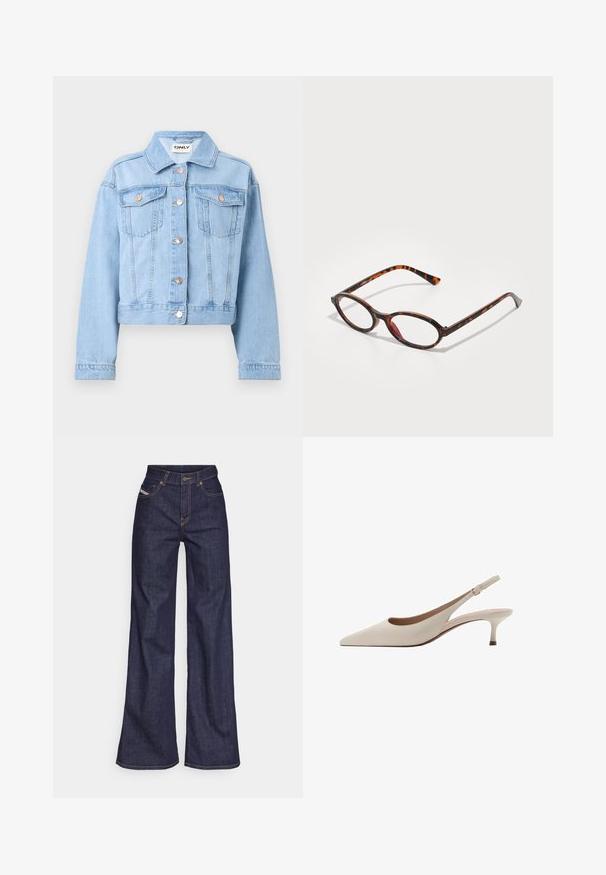 Světle modrá džínová bunda s límečkem, zapínáním na knoflíky a dvěma náprsními kapsami. Má dlouhé rukávy a zkrácený střih.; Červený, zkrácený kardigan s dlouhými rukávy, vyrobený z měkkého texturovaného materiálu. Obsahuje knoflíkové zapínání se zlatými akcenty a dvě přední kapsy.; Žlutá bavlněná košile s špičatým límcem, zapínáním na knoflíky vpředu, dlouhými rukávy a volným střihem. Hladká textura a jednoduchý design.; Tmavě modré džíny s širokým střihem vyrobené z denimové tkaniny, s vysokým pasem, oranžovým prošíváním, pěti kapsami a zapínáním na knoflík.; Béžové lodičky na podpatku s špičatou špičkou a nízkým rozšířeným podpatkem. Vyrobené z hladké kůže s minimalistickým designem a nastavitelným páskem.; Tortoise shell sluneční brýle s oválnými skly, které mají tmavý rám se světlými a tmavě hnědými vzory a štíhlými, zakřivenými stranami.; Hnědá kožená kabelka s dvojitými popruhy, zaobleným tvarem, zlatými kovovými doplňky a centrálním detailem s přezkou. Hladký povrch s prošívanými akcenty.