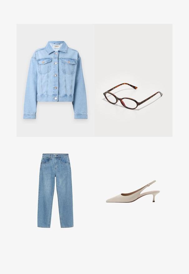 Svijetloplavi traper jakna s ovratnikom, dugmadi sprijeda i dva džepa na prsima. Ima duge rukave i skraćeni rub.; Crvena skraćena jakna s dugim rukavima, izrađena od mekog, teksturiranog materijala. Ima dugmad s zlatnim detaljima i dva prednja džepa.; Žuta pamučna košulja s oštrim ovratnikom, spuštenim gumbima sprijeda, dugim rukavima i opuštenim krojem. Glatka tekstura i jednostavan dizajn.; Svijetloplave traperice ravnog kroja, visokog struka, s dva prednja džepa i klasičnim kopčanjem na gumb. Suptilno izbljedjele i bez ukrasa.; Bež sandale s potpeticom, s uskim vrhom i niskom, proširenom potpeticom. Izrađene od glatke kože s minimalističkim dizajnom i podesivim remenom.; Naočale od kornjačevine s ovalnim lećama, s tamnim okvirom koji ima svijetle i tamne smeđe uzorke, te tankim, zakrivljenim rukama.; Smeđi kožni ručni torbica s dvostrukim trakama, okruglog oblika, zlatnim hardverom i središnjim detaljem kopče. Glatka tekstura s ušivenim detaljima.