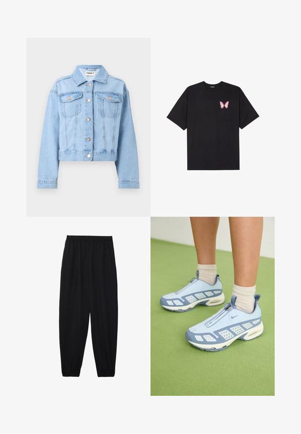 Light blue denim jacket with a collar, button front, and two chest pockets. Features long sleeves and a cropped hem.; Black cotton t-shirt with short sleeves, featuring a small pink butterfly graphic on the left chest. Crew neck design with a relaxed fit.; Black, lightweight pants with an elastic waistband and gathered ankles. The fabric is smooth and features a relaxed, tapered design.; Light blue athletic shoes with white accents, textured panels, and a zip closure. Features a visible air cushioning sole and rubber outsole.