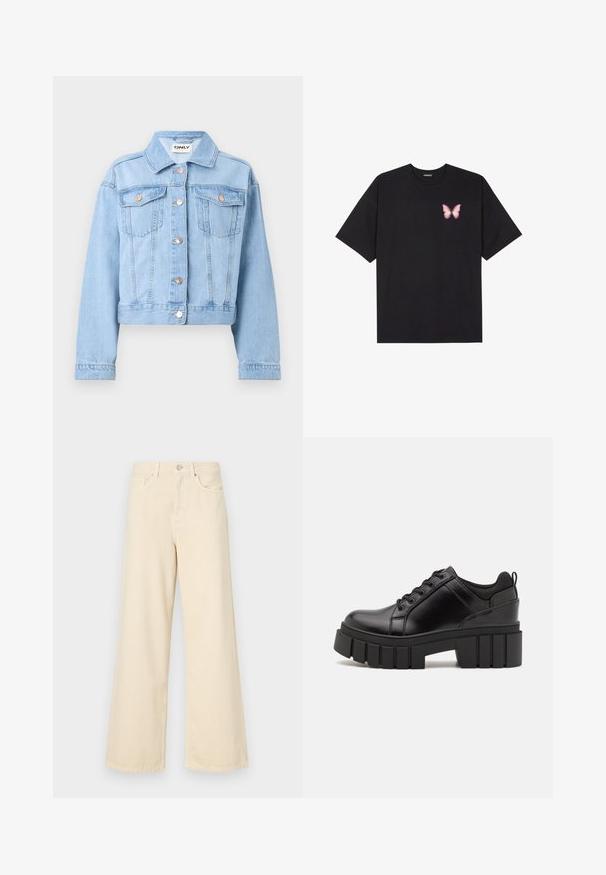 Világoskék farmerdzseki, gallérral, gombos elülső résszel és két mellzsebbel. Hosszú ujjú és rövidített fazonú.; Fekete pamut póló rövid ujjakkal, bal mellkason egy kis rózsaszín pillangó grafikával. Kerek nyakú kialakítás, laza fazonnal.; Bézs, széles lábú farmernadrág, pamutból készült. Gombos záródással, övhurkokkal és elülső zsebekkel rendelkezik, sima, puha tapintással.; Fekete bőr platform cipők vaskos blokk sarkakkal, kerek orral és hagyományos fűzős kialakítással. Simára csiszolt felület és minimális részletezés jellemzi.