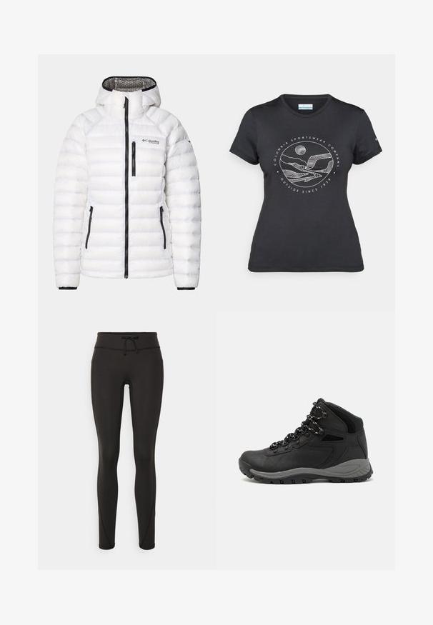 Vit pufferjacka med horisontell sömnad, svarta dragkedjor och logotyp. Har en huva och elastiska ärmslut för en säker passform. Lättviktsmaterial.; Svart Columbia-t-shirt med vit cirkulär linjekonst av berg och flod samt texten "Columbia Sportswear Company Outside Since 1938."; Svarta leggings med hög midja, snörning, slät textur och figurnära design. Har sömnadsdetaljer längs sidorna.; Svart vandringskänga med mellanhög design, som har en texturerad överdel, grå accenter och en slitstark gummisula med greppklackar.