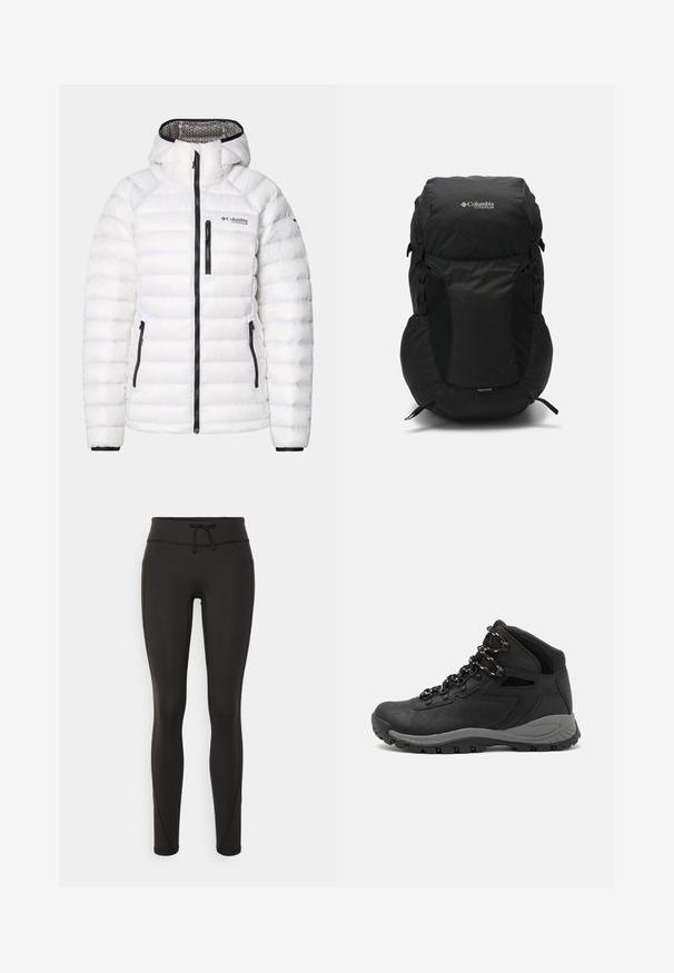 White puffer jacket with horizontal stitching, black zippers, and logo. Features a hood and elastic cuffs for a secure fit. Lightweight material.; Black Columbia t-shirt with white circular mountain and river line art and text "Columbia Sportswear Company Outside Since 1938."; Black leggings with a high waistband, drawstring, smooth texture, and fitted design. Features stitching details along the sides.; Black hiking boot with a mid-top design, featuring a textured upper, gray accents, and durable rubber sole with traction lugs.; Black backpack with a rounded top, made from durable fabric. Features side mesh pockets and a rain cover label at the bottom.