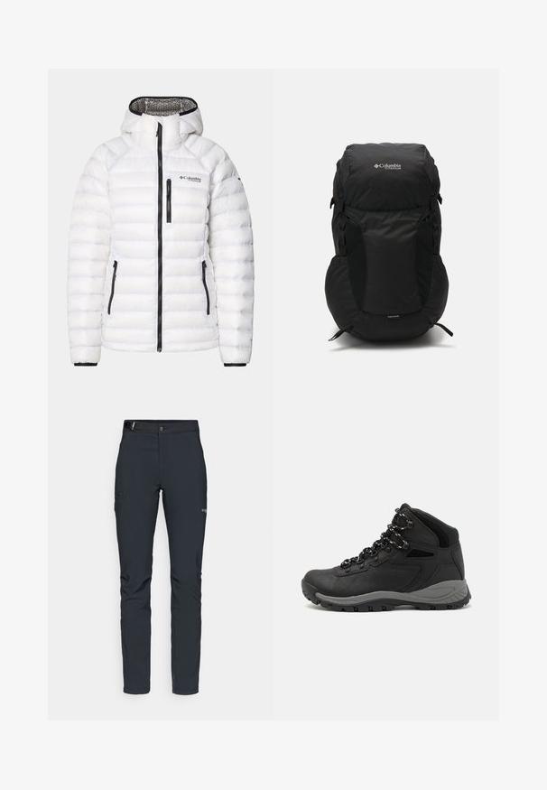 Fehér puffertöltetű dzseki vízszintes varrásokkal, fekete cipzárokkal és logóval. Kapucnival és elasztikus mandzsettákkal rendelkezik a biztonságos illeszkedés érdekében. Könnyű anyag.; Fekete Columbia póló fehér, kör alakú hegy és folyó vonalrajzzal, valamint a "Columbia Sportswear Company Outside Since 1938" felirattal.; Férfi kültéri nadrág, sötétszürke, rugalmas anyagból készült, övvel, cipzáros zsebekkel és megerősített varratokkal.; Fekete túracipő közepes magasságú kialakítással, texturált felsőrésszel, szürke részletekkel és strapabíró gumitalppal, amelynek tapadós kiemelkedései vannak.; Fekete hátizsák lekerekített tetejével, tartós anyagból készült. Oldalsó hálós zsebekkel és esővédő címkével rendelkezik az alján.