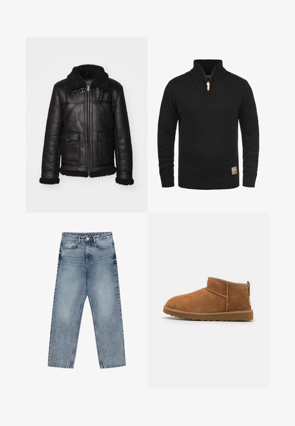 Črna usnjena jakna z mehkim ovratnikom, zadrgo in dvema sprednjima žepoma. Ima dekorativne kovinske dele in podrobnosti šivanja.; Črna pletena jopica z visokim ovratnikom, pol-zadrgo, rebrastimi rokavi in robom. Opozorljiv usnjen logotip na spodnji strani.; Svijetloplave traperice s ravnim krojem, vidljivim šavovima, dizajnom od pet džepova i kopčanjem na gumbu u struku.; Tanen semiš škornji do gležnjev z zaobljenim nosom, subtilnimi šivi in teksturirano gumijasto podplatom. Kratka višina brez vezalk.