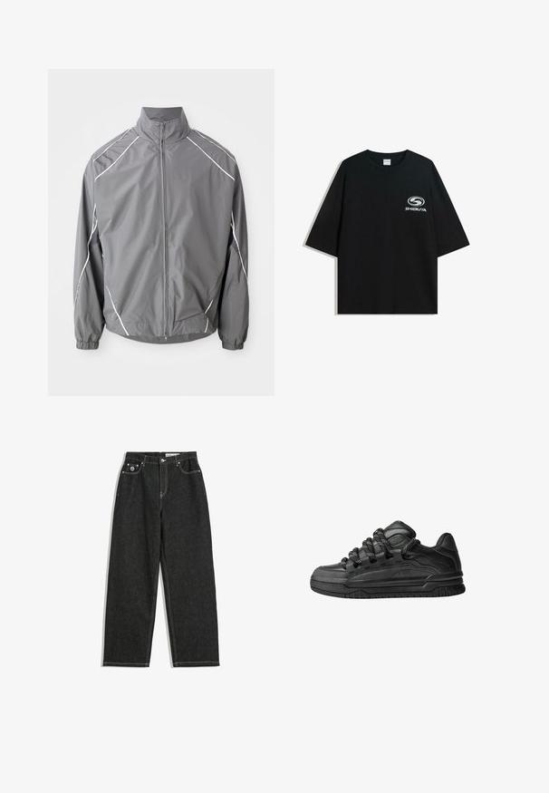 Grå vindjacka med hög krage, framdragkedja och elastiska ärmar. Har vita detaljer längs axlarna och nätpaneler.; Svart oversized t-shirt i bomull med rund halsringning och korta ärmar, med en vit "Shibuya"-logotyp tryckt på framsidan.; Svarta raka jeans med vita sömmar, fem-ficksdesign, knapp- och dragkedjestängning, samt en liten logotyp på den högra framfickan.; Svarta sneakers med ovandel i slät läder, texturerade detaljer och runda svarta och vita snören. Tjock gummisula med ett mönstrat mönster.